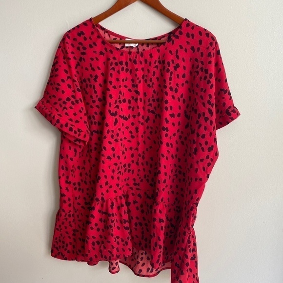 143 Story by line up Womens 1X Peplum Short Sleeve Blouse Red and Black - Picture 1 of 5